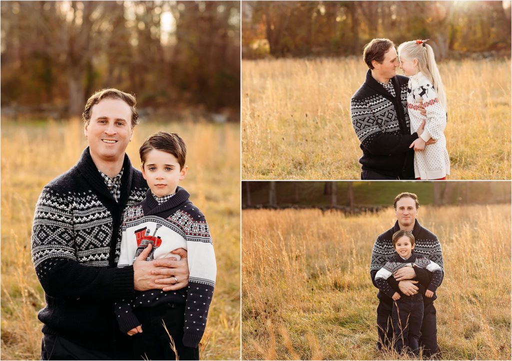 dad in blue sweater with his three children, Essex CT Family photographer