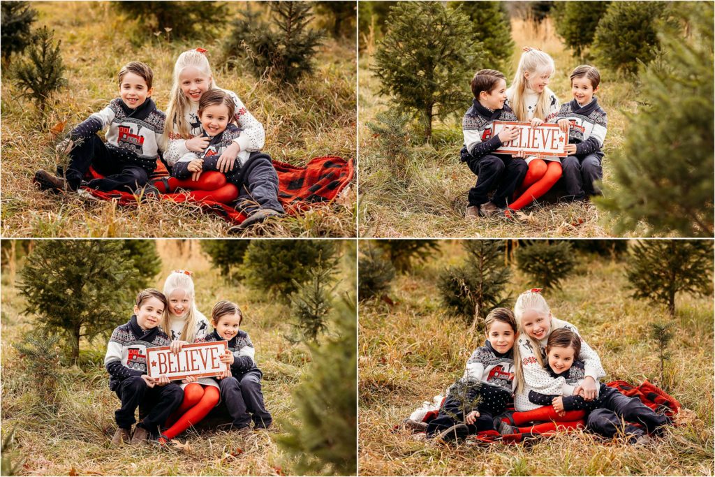 three children sitting at a Christmas Tree Farm for a photo session, CT Family photographer