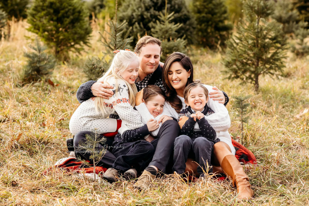 family sitting in the grass getting photos at a Christmas tree farm, Madison CT Family photographer