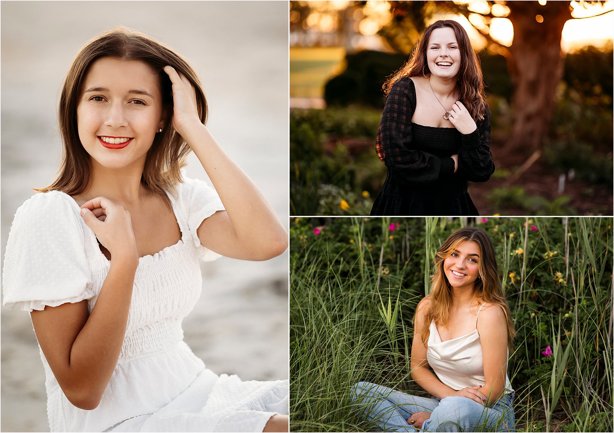 Three images of high school senior girls at the beach, Linda Sobolewski Photography
