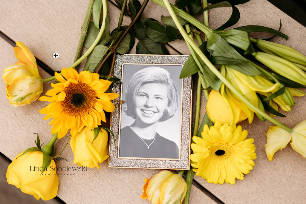 framed photo of woman surrounded by yellow flowers, CT shoreline photography session