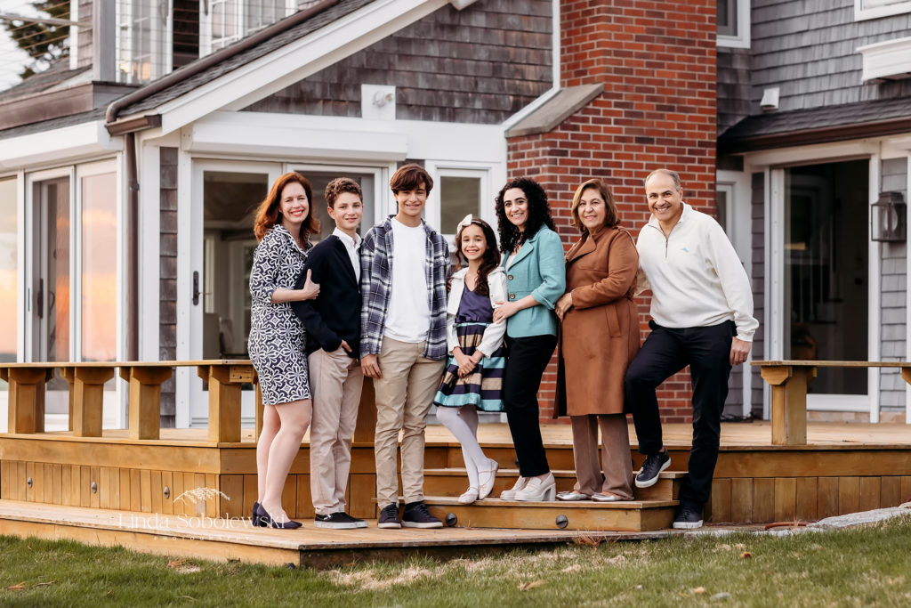 large family on the deck to their home, Westbrook CT family photographer