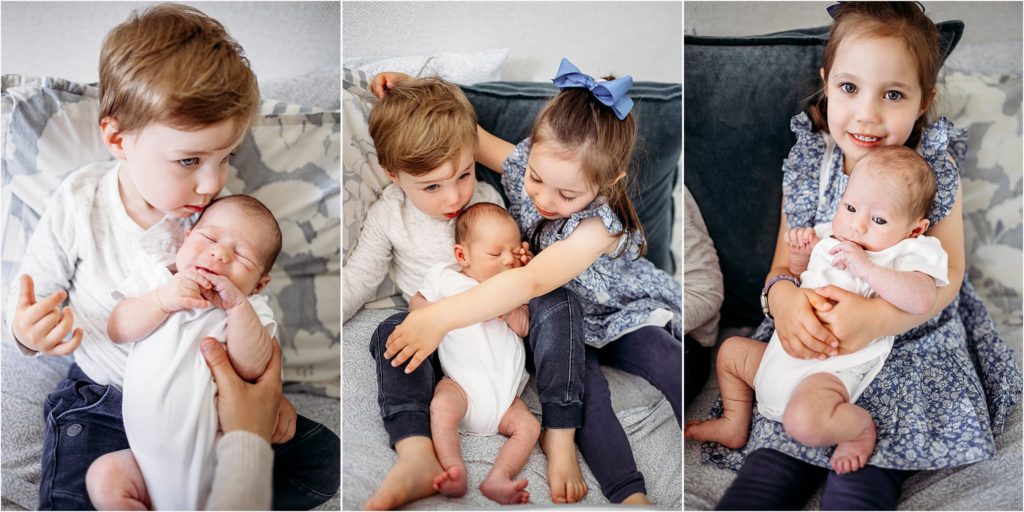 toddler brother and sister holding their new baby brother, Hamden CT newborn photographer