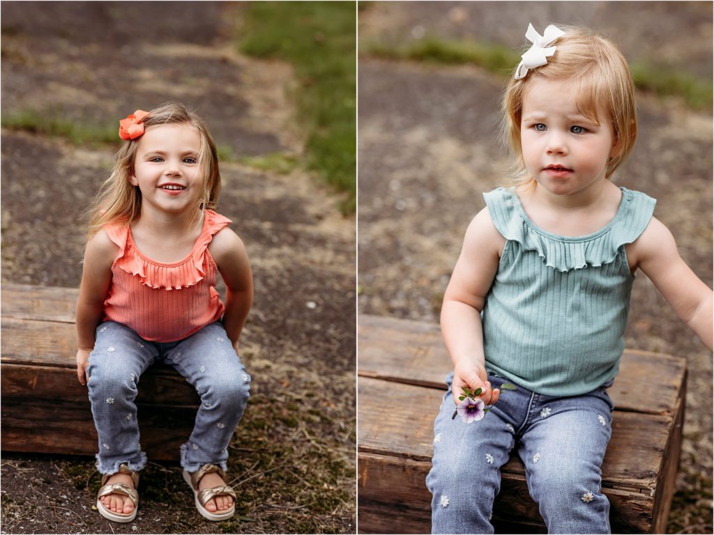 two little girls sitting on a stone wall, CT Extended Family photographer
