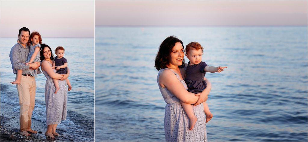 mom in blue dress playing with her little girls at the beach, Big family photo shoot in Old Saybrook CT, tips on how to keep your kids awake for a photoshoot