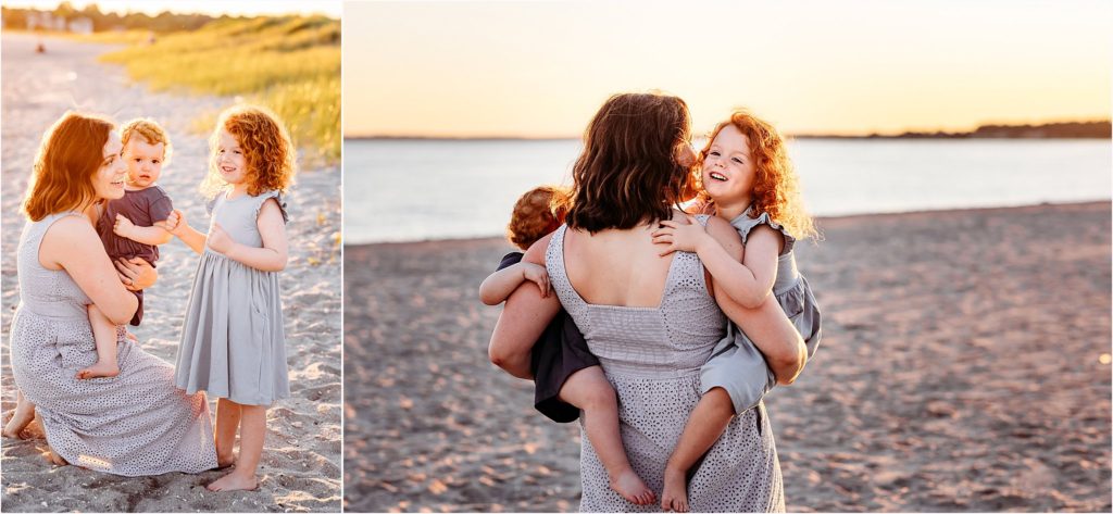 mom playing with her two little girl at the beach, 5 tips how to keep your kids awake for a family photoshoot, Madison CT Family photographer
