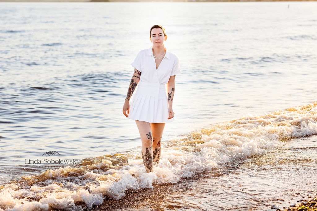 woman in white dress at the beach, Old Saybrook Ct family photographer