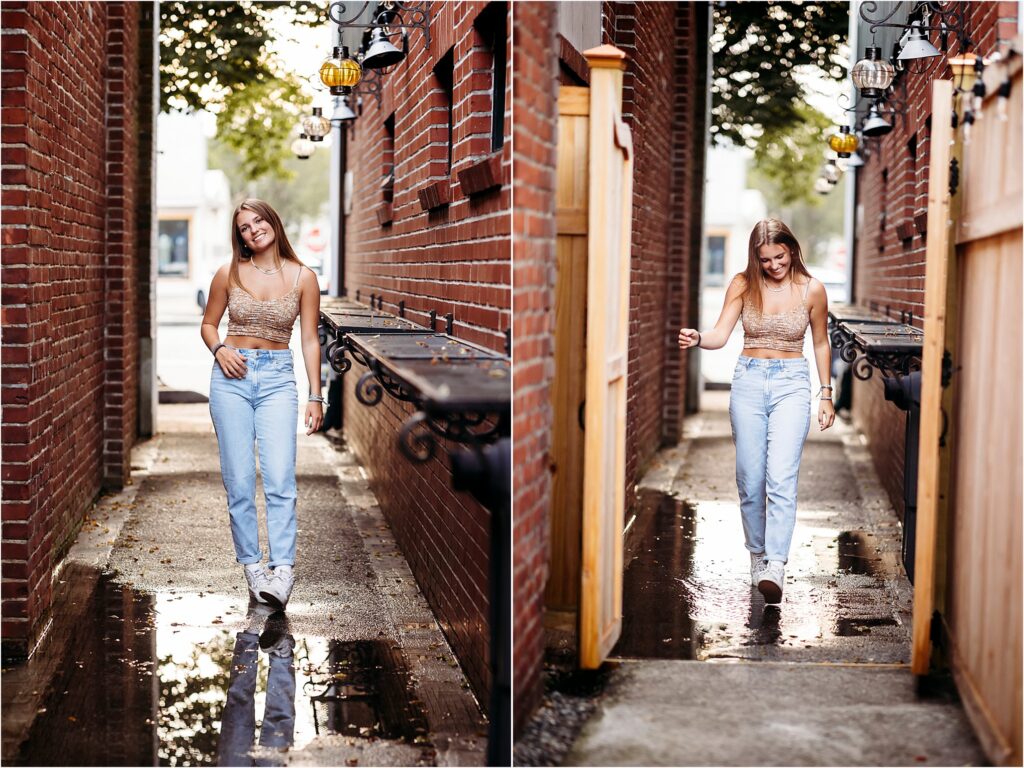 teenage girl walking down an alley, CT Shoreline senior photographer