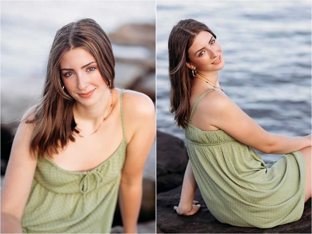 red haired girl in green dress at the beach, Madison CT Senior photographer