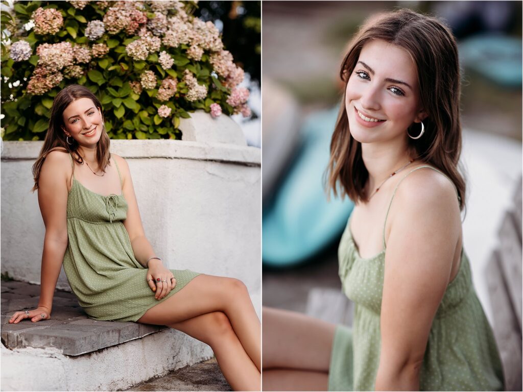 girl in green dress sitting next to flowers for a senior photo shoot, CT Best Senior Photographer