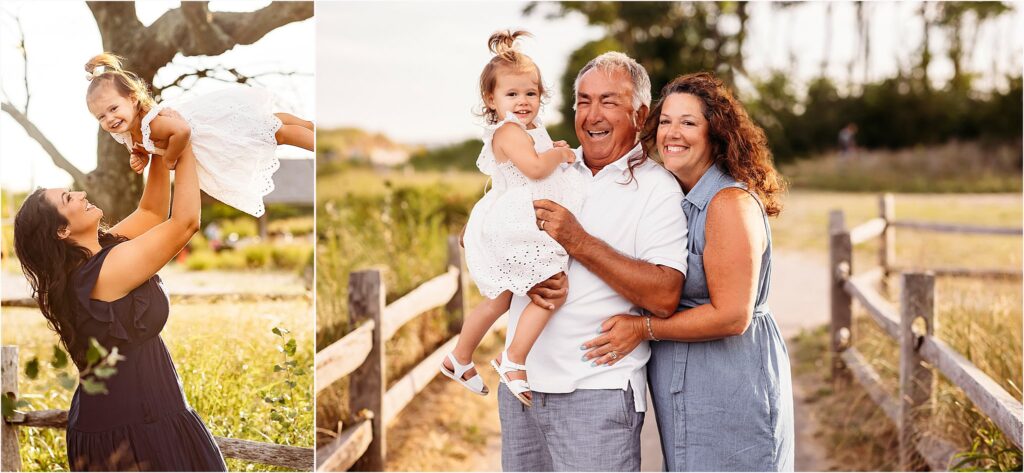 grandparents holding their granddaughter, Extended Family Photo Shoot at the beach, CT photographer
