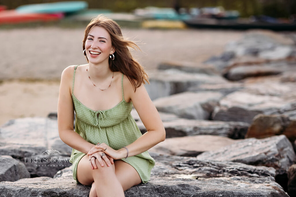 girl laughing at the beach, CT Shoreline senior photography session