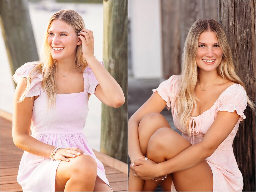 girl in pink dress sitting on a dock, Mercy High School Senior photo session