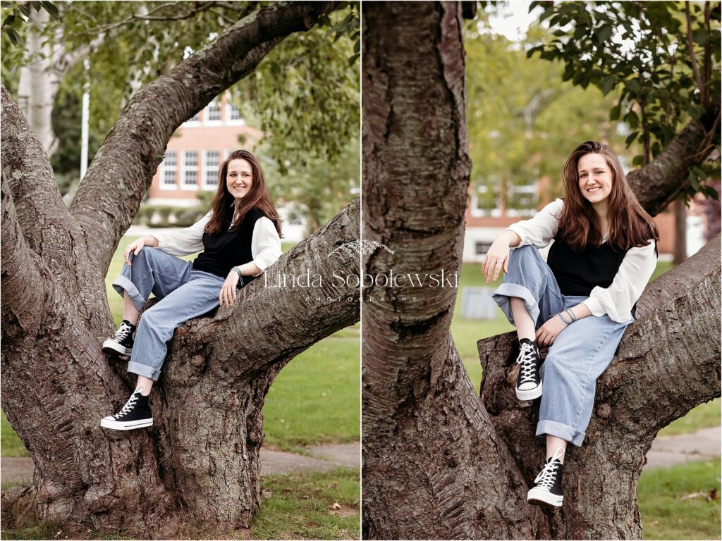 teenage girl sitting in a tree, CT Senior photographer, 2021 Sessions Superlatives