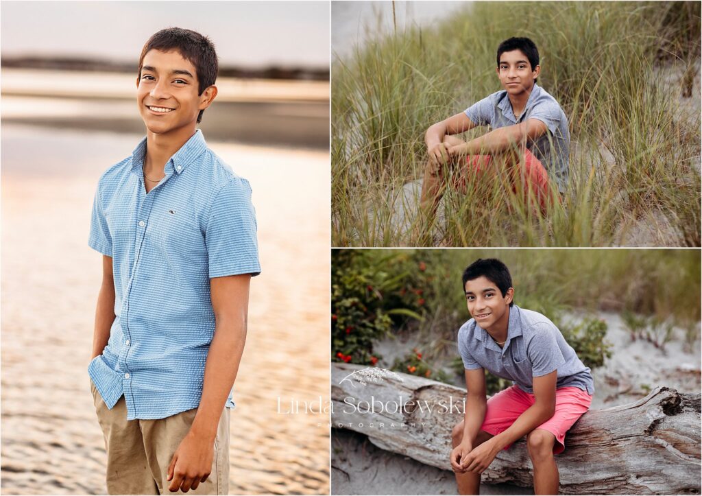 senior boy in blue shirt at the beach for his senior photos, CT shoreline senior photographer