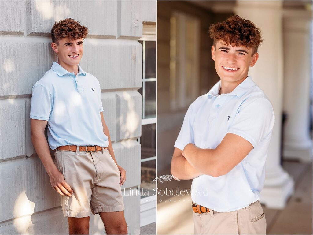 boy with curly hair standing against a brick wall, CT Best friend senior session