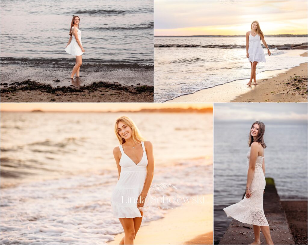 girls in white dresses and barefeet at the beach for their senior photo session, CT Senior photographer