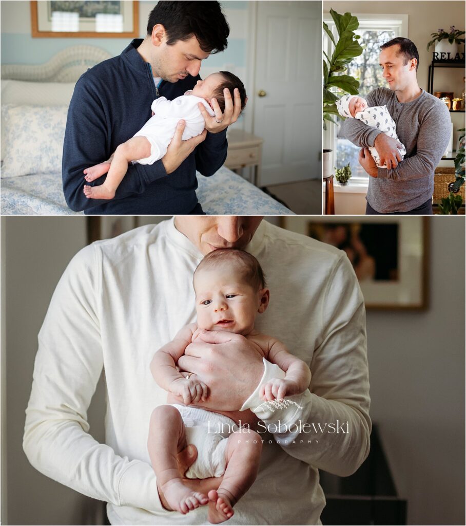 fathers holding their newborn babies, Blog post for CT Baby photographer called What should dad wear to a lifestyle newborn session