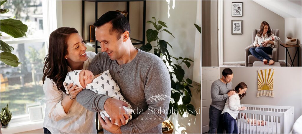 mother and father holding their newborn baby girl at their home, Branford CT Best newborn photographer