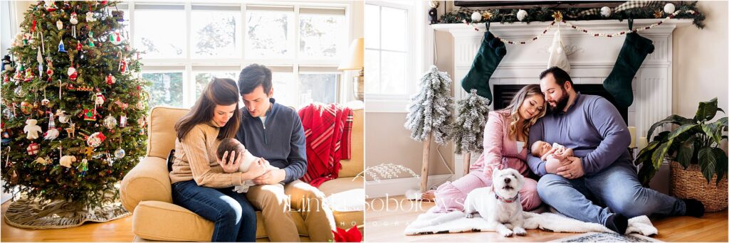 parents holding their baby in front of the Christmas tree and fireplace, What happens at a lifestyle newborn session, CT Best Newborn photographer