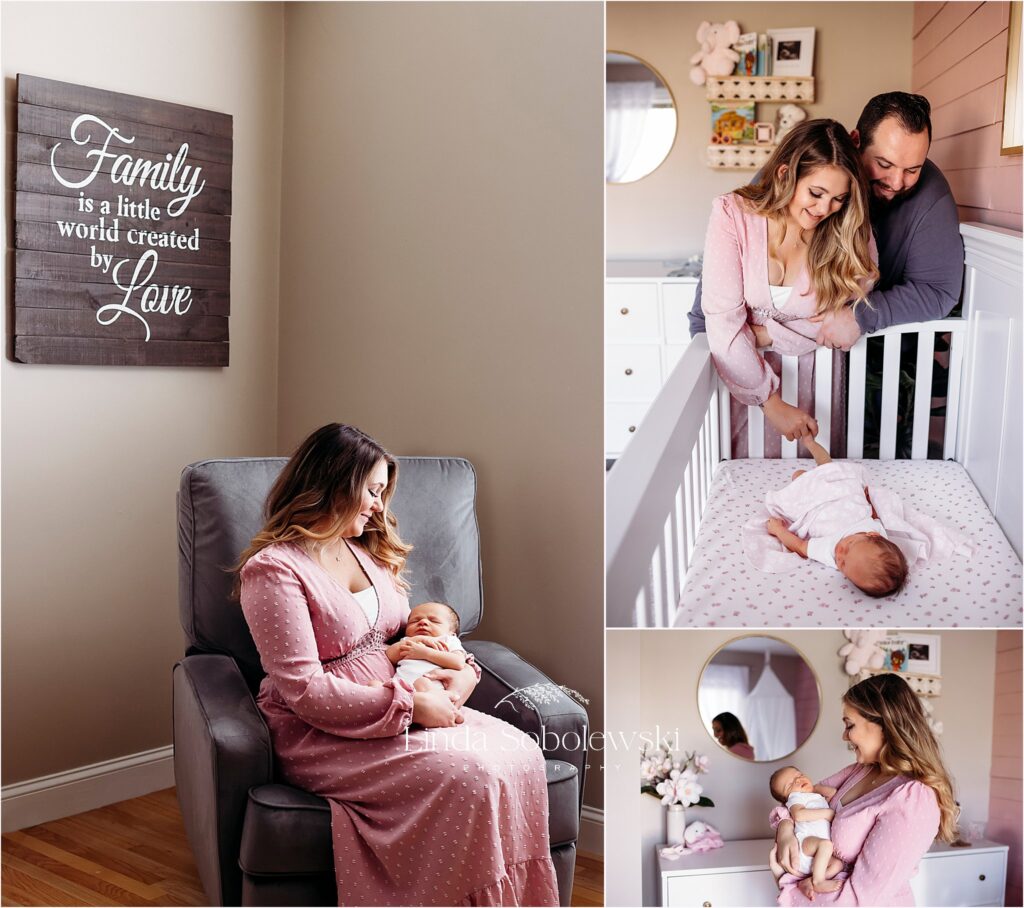 mother in pink dress, holding her baby girl in a rocking chair and in a crib, New Hampshire baby photographer