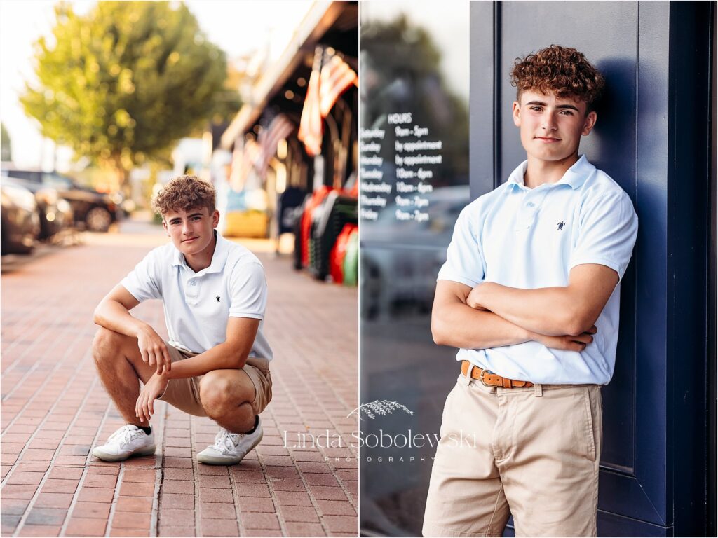 teenage boy squatting on a sidewalk, CT shoreline senior photographer
