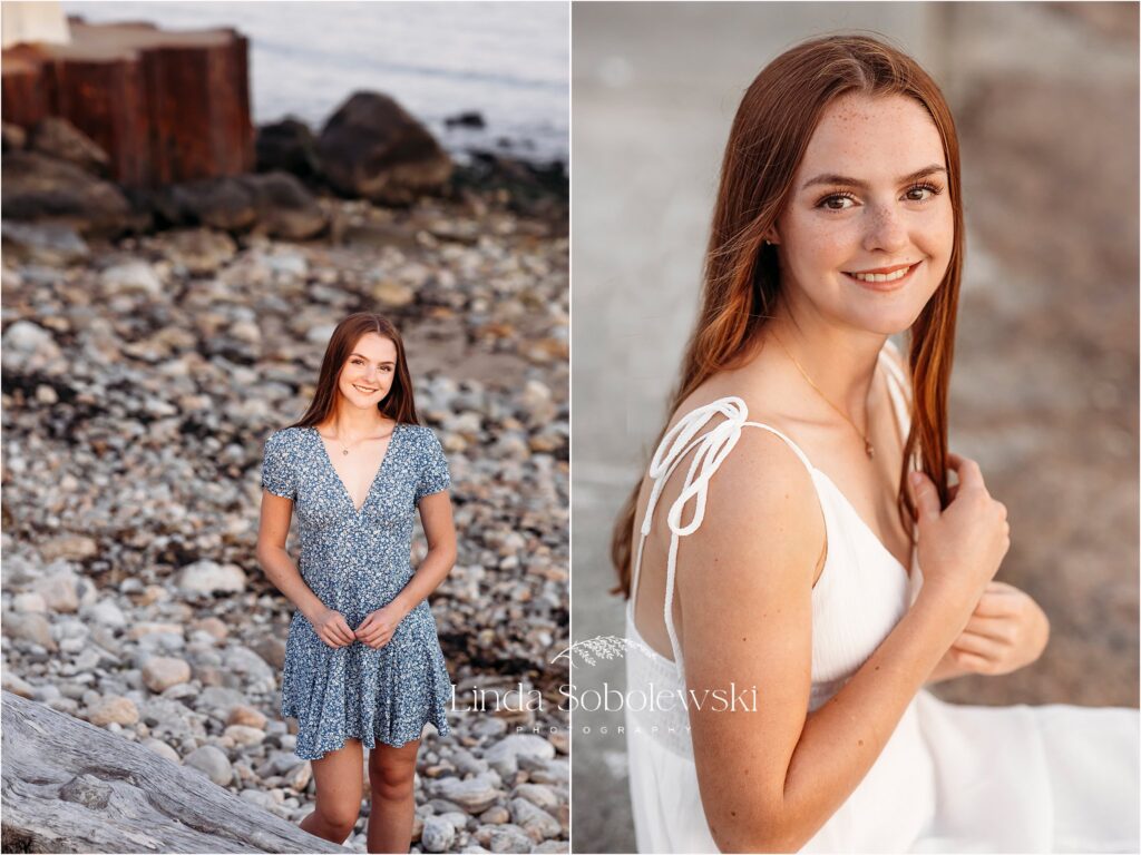 teenage girl in blue dress and white dress at the beach, Best CT Senior photographer