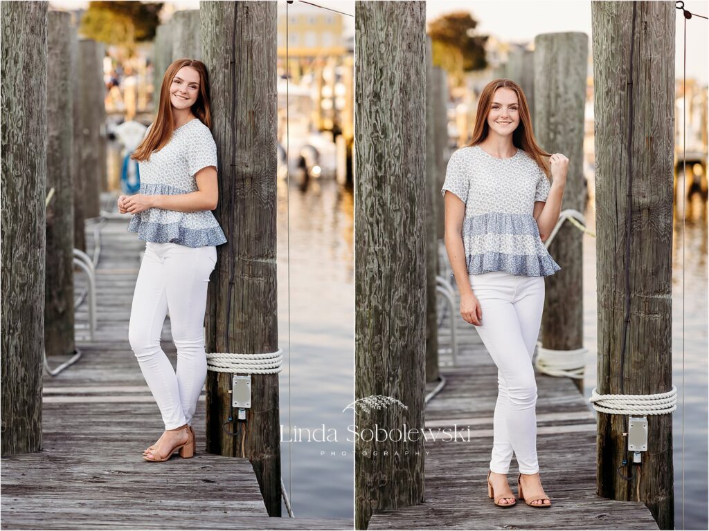 teenage girl in white jeans at a marina, Old Saybrook CT Photographer