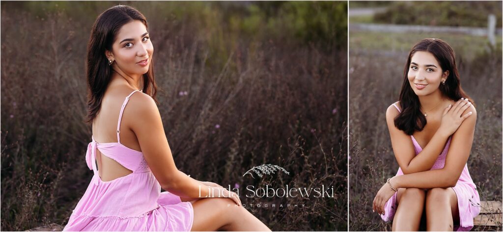 high school girl in pink dress at the beach, CT senior girl photo shoot