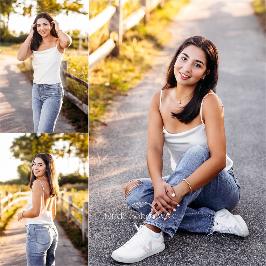 high school senior girl in white tank top at the beach. Old Saybrook CT photographer