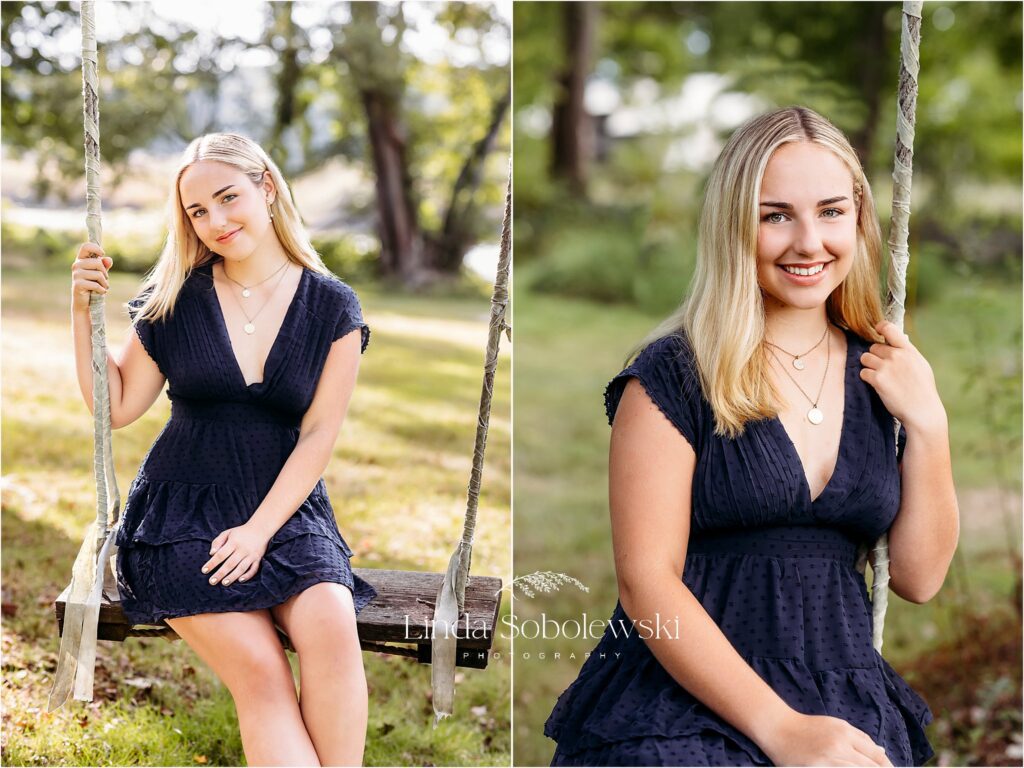 teenage girl with blonde hair and blue dress sitting on a wooden swing, CT family photographer