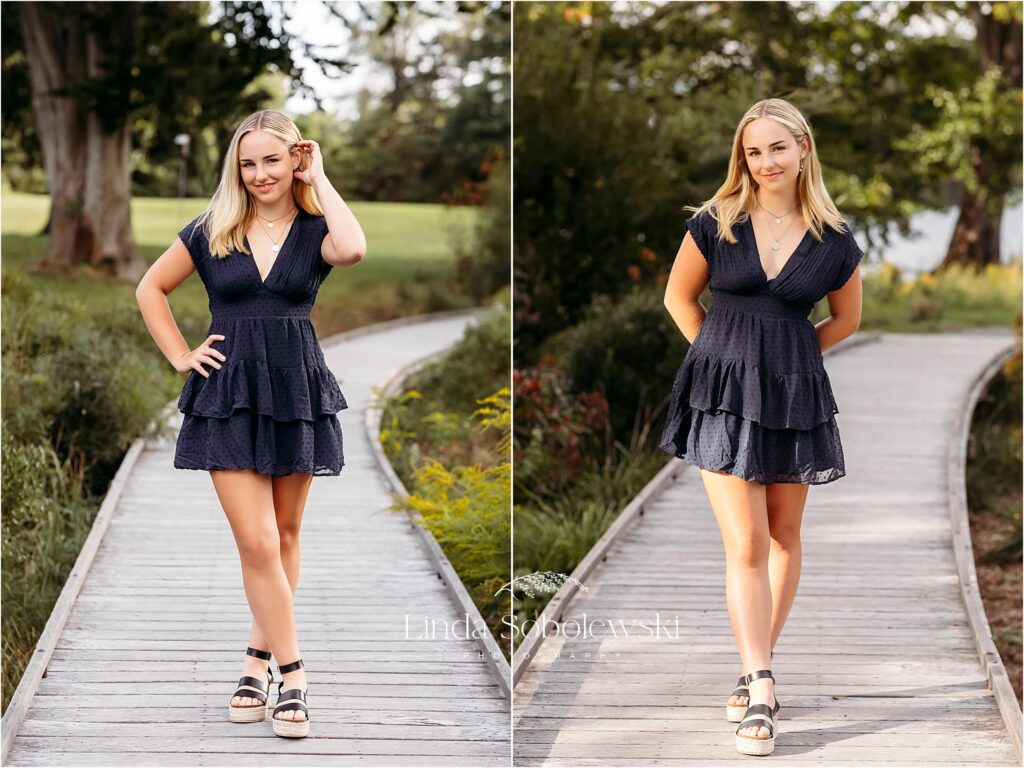 teenage girl in blue dress walking on a wooden bridge, CT Best senior photographer