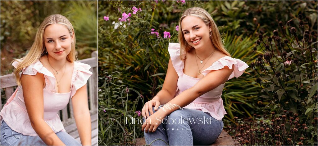 girl with blonde hair and pink tank top sitting in a garden, CT Shoreline best senior photographer