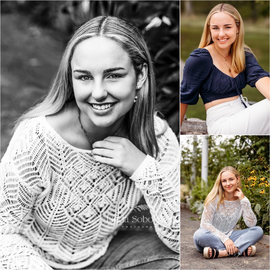 teenage girl in white sweater sitting at a park getting her senior portraits taken, Old Saybrook CT family photographer