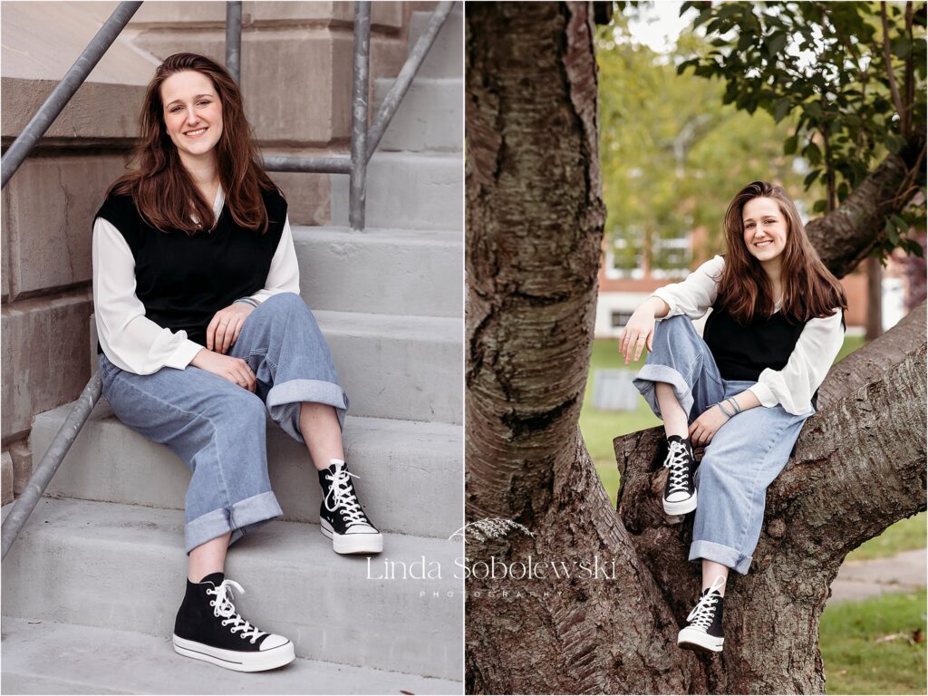 teenage girl sitting on the steps at the Kate in Old Saybrook, CT, Best Senior photographer