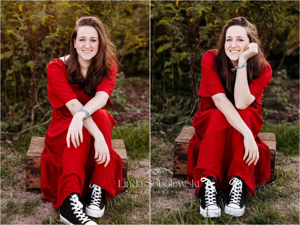 vgirl in red dress and black converse sneakers, CT Shoreline Best Senior Photographer