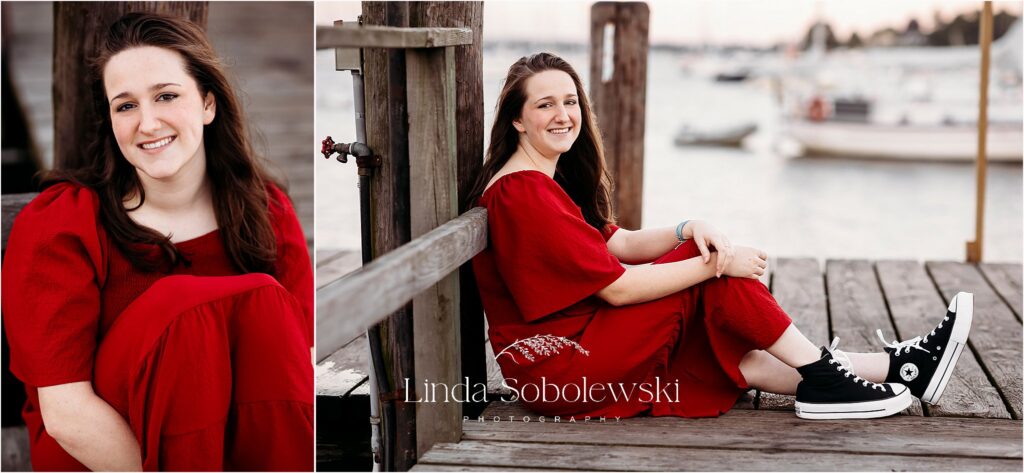 girl in red dress and black converse sneakers, CT Shoreline Best Senior Photographer