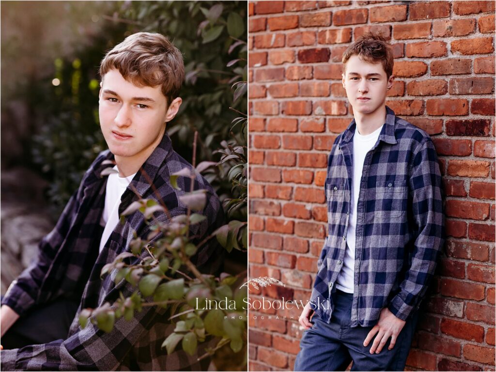 young man leaning against a brick wall, CT Lifestyle photography session in Madison