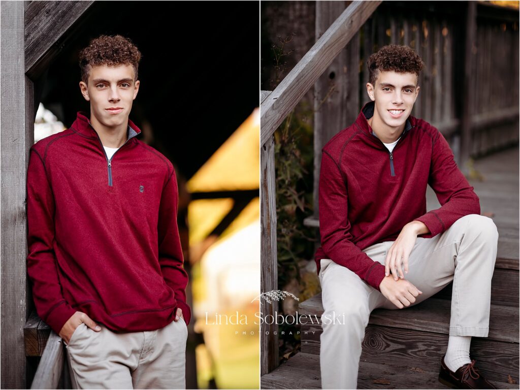 teenage boy in a red sweater sitting on a step, Guilford CT Senior photographer