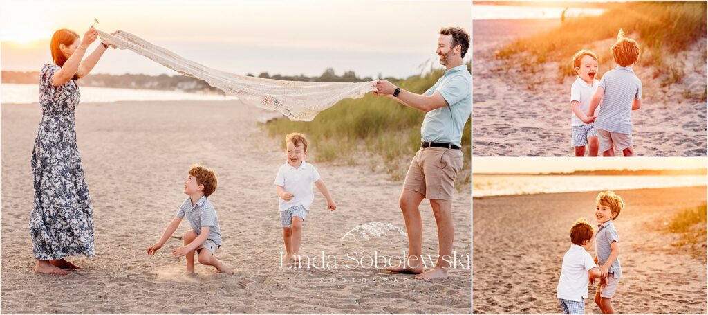 family with two little boys playing at the beach, Old Saybrook and Old Lyme CT family photographer
