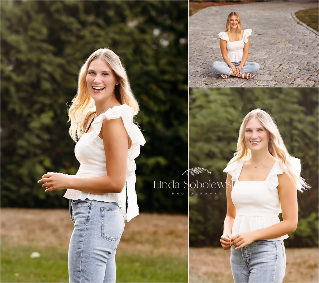 blonde girl in white top and blue jeans, CT Best senior photographer