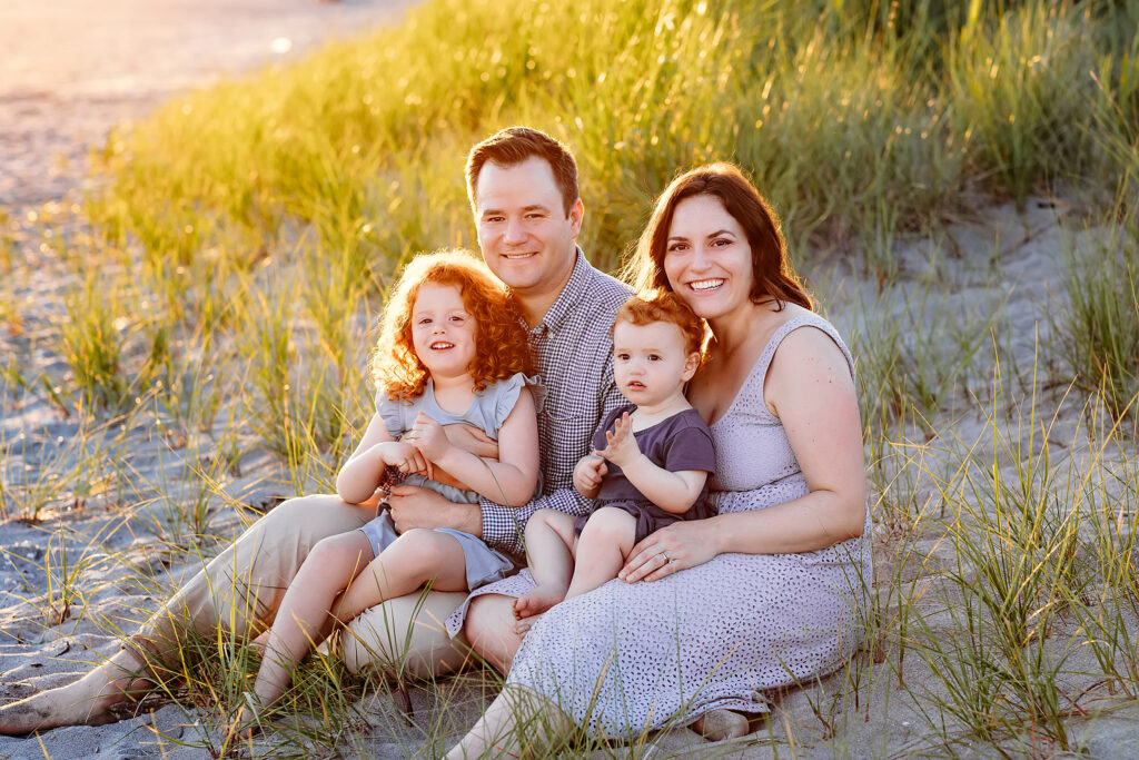 family of four at the beach at sunset, 5 tips how to keep your kids awake for a photoshoot, CT Shoreline Family photographer