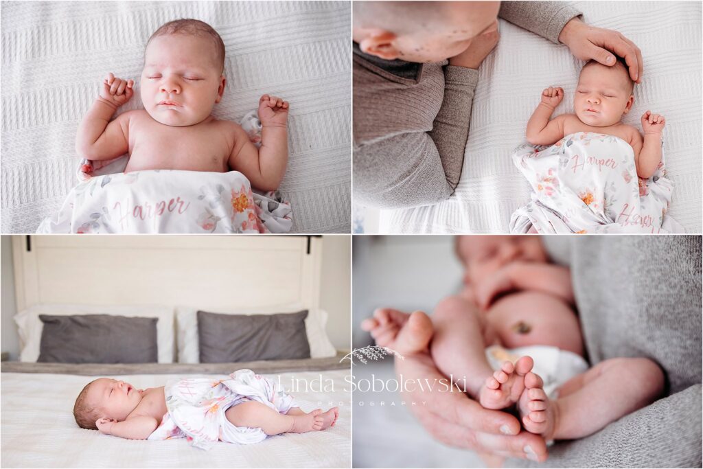 four photos of a newborn baby girl at home, Senior photographer in Westbrook CT