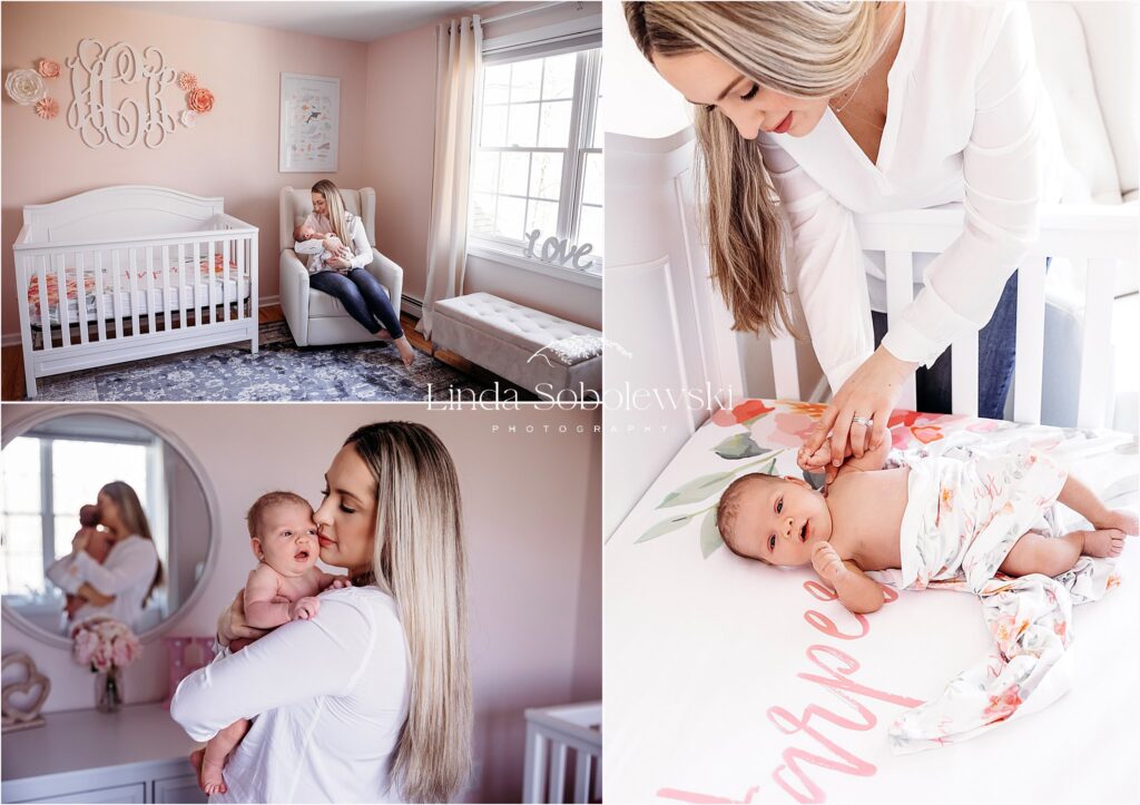 three photos of a mom with blonde hair holding her newborn baby girl, newborn photographer in Westbrook CT
