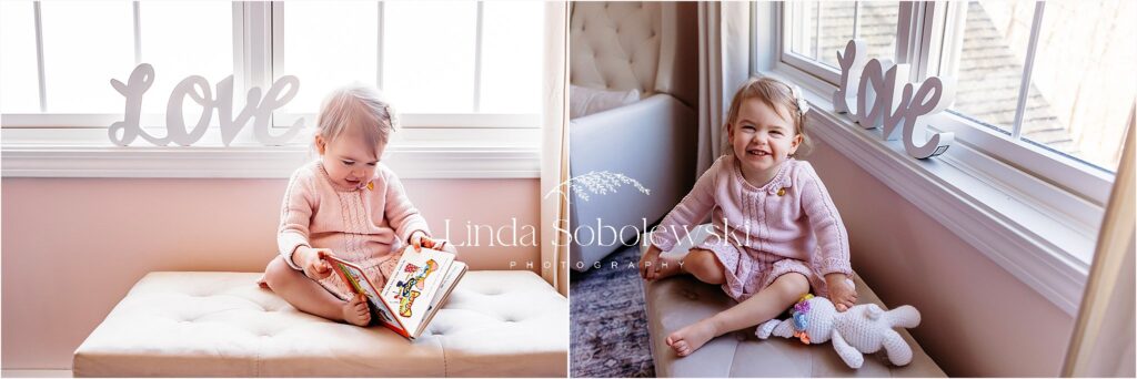 little girl with blonde curly hair reading a book, Guilford CT photographer