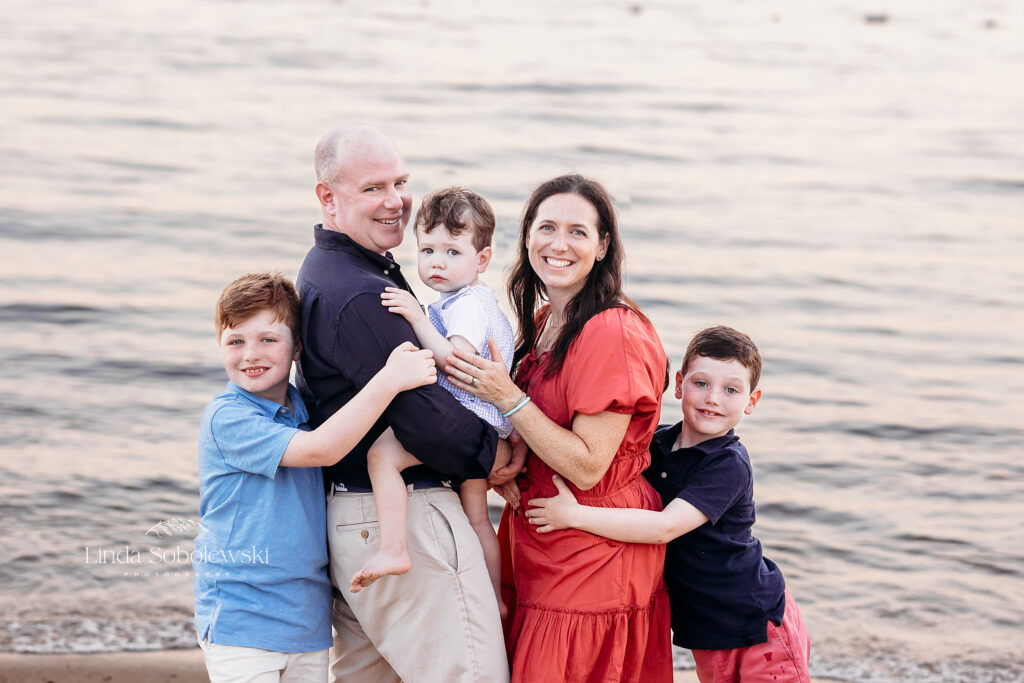 family of five at the beach for their Old Saybrook beach family session