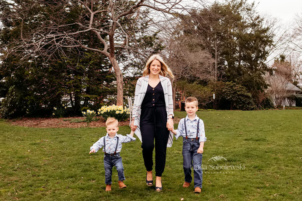 mom walking with her two little boys, Mother's Day photos Essex, CT photographer