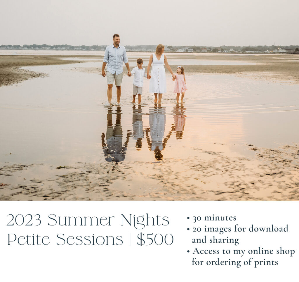 family of four walking on the beach, 2023 summer petite sessions with Old Saybrook CT photographer