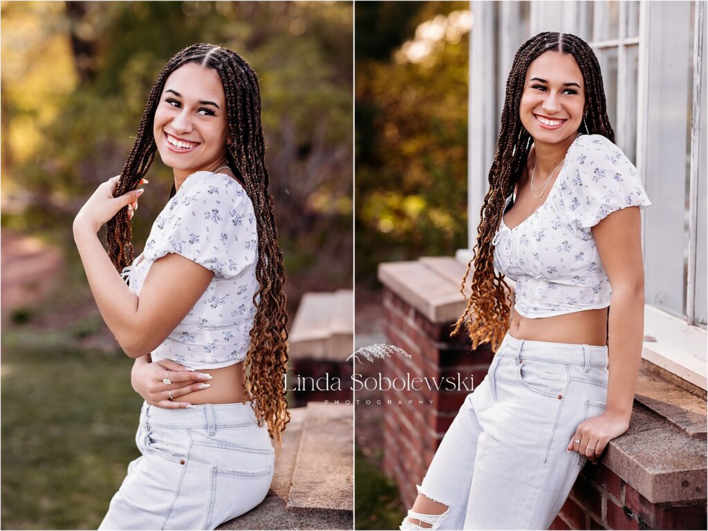 high school senior girl in white jeans, Elizabeth State Park Senior Photo session
