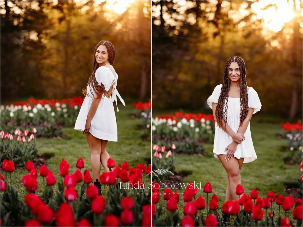 high school senior girl at a tulip field at sunset, CT best senior photographers